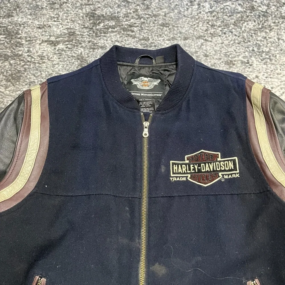 VTG Harley Davidson Leather Varsity‎ Bomber Jacket XL Navy Blue Embroidered Logo